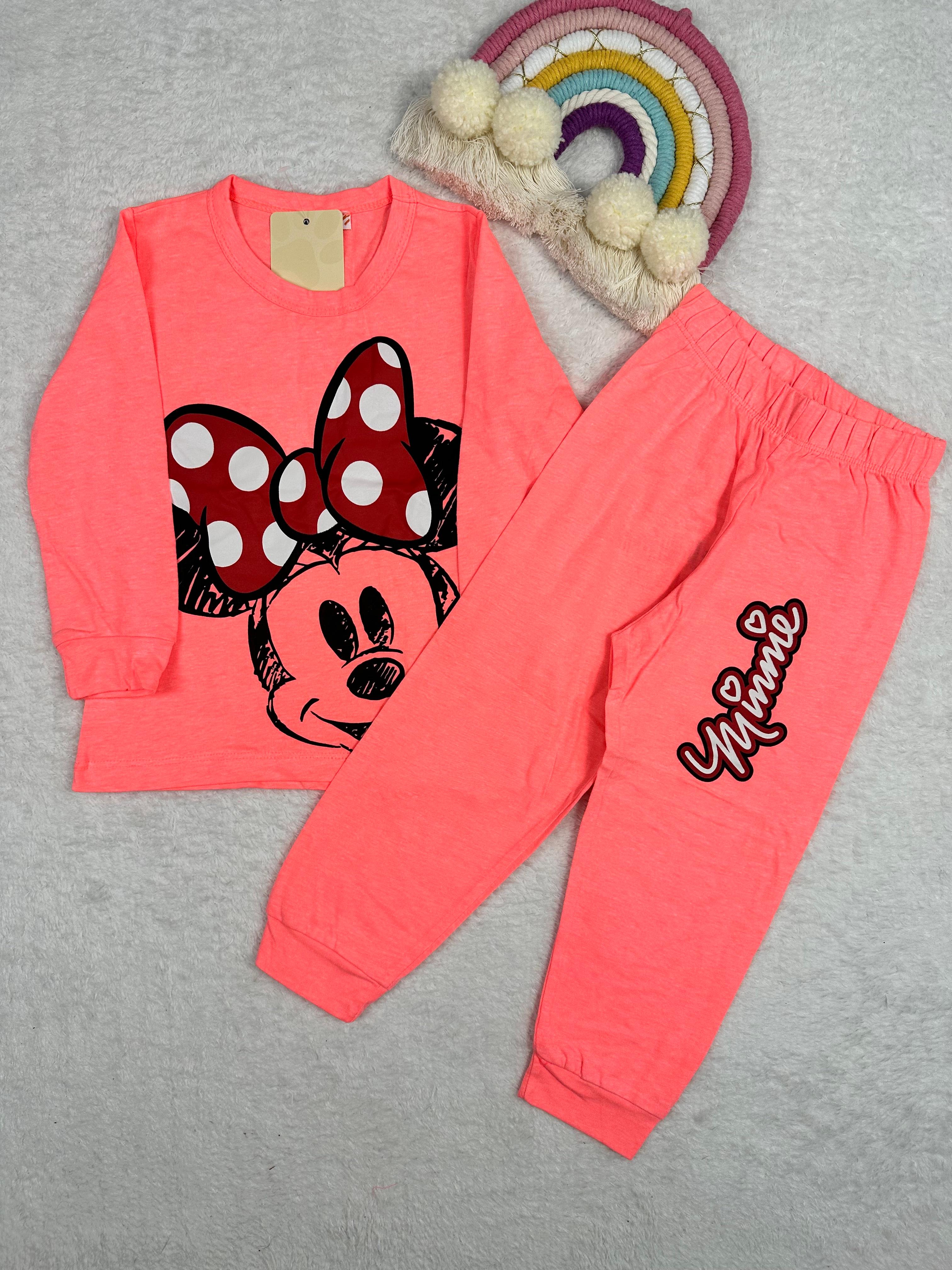 MinyKids Minnie Mouse Desen Neon Pembe Kız Çocuk Pijama Takım