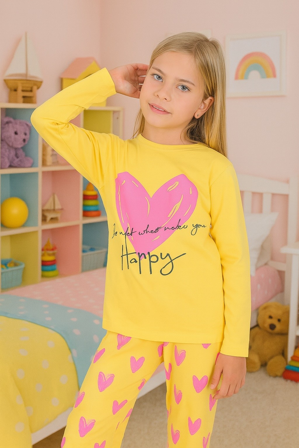 MinyKids Kalp Desen %100 Pamuk Sarı Kız Çocuk Pijama Takım