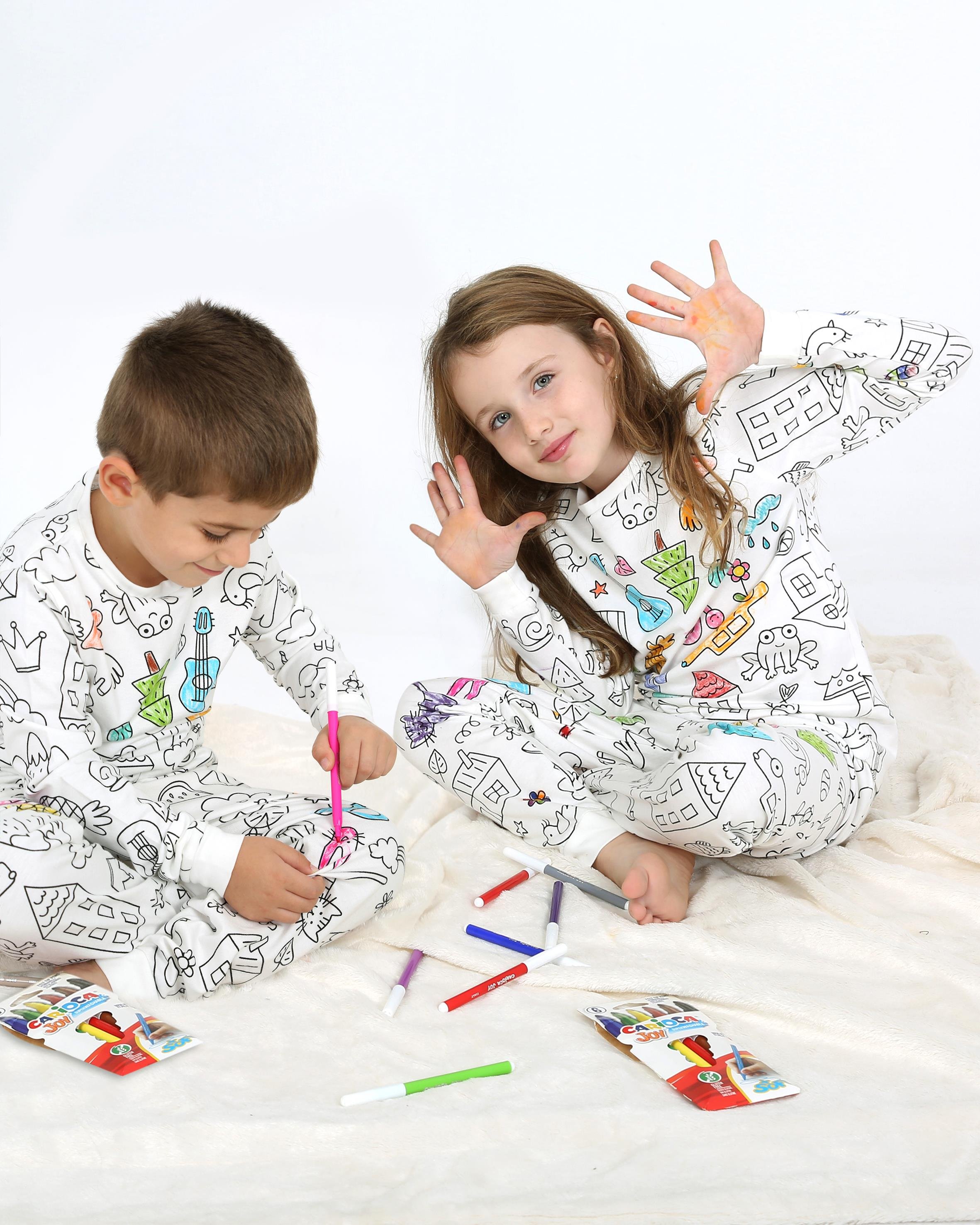 MinyKids Uzun Kollu Özel Kalem Hediye BOYANABİLİR Unisex Çocuk Pijama Takımı (Yıkama Sonrası Leke Bırakmaz)