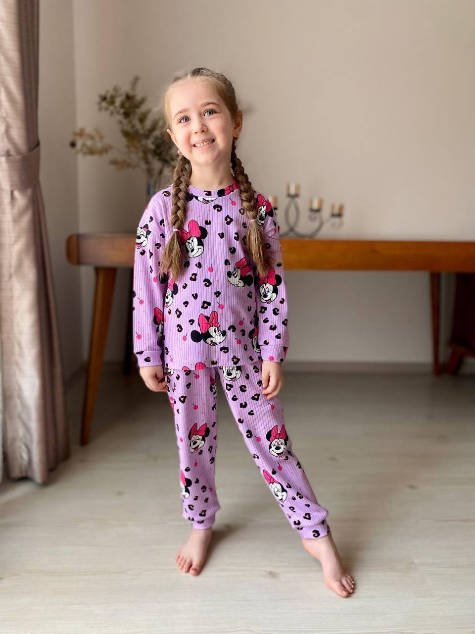 MinyKids Mor Minnie Mouse Desen Fitilli Kız Çocuk Pijama Takım