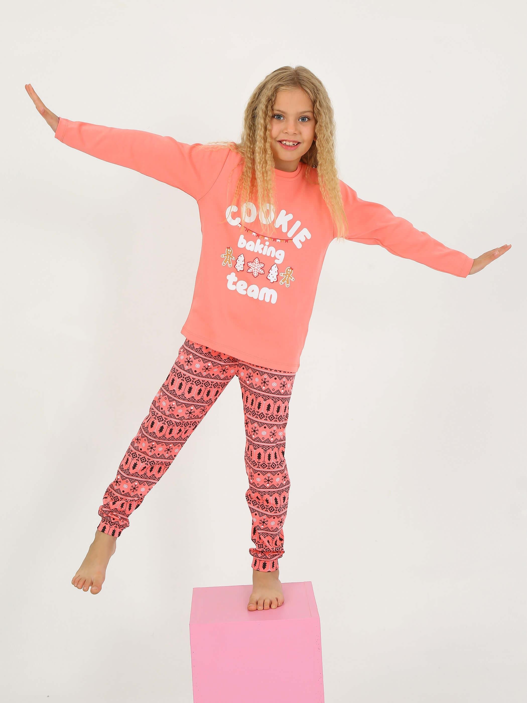 MinyKids Yılbaşı Desen Somon Kız Çocuk Pijama Takım