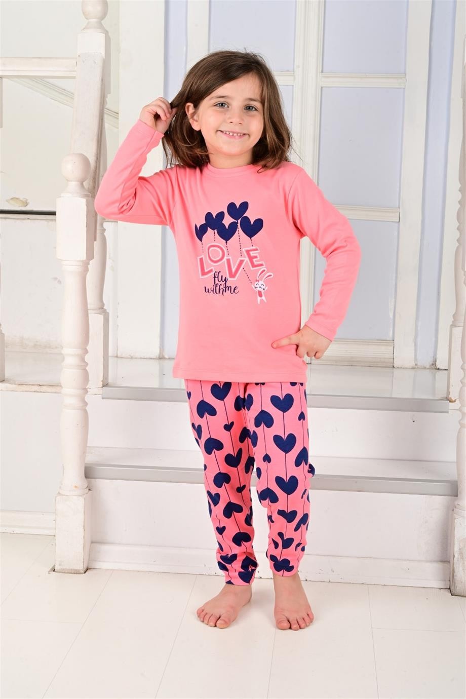 MinyKids Kalp Desen Somon Kız Çocuk Pijama Takım