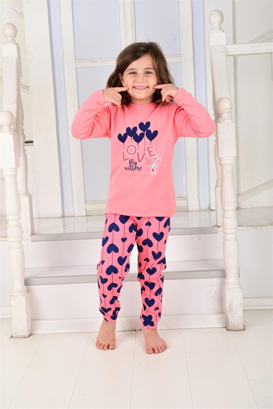 MinyKids Kalp Desen Somon Kız Çocuk Pijama Takım