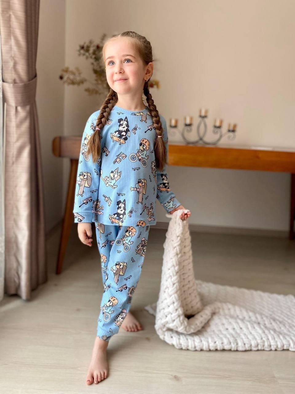 MinyKids Mavi Bluey Desen Fitilli Kız Çocuk Pijama Takım