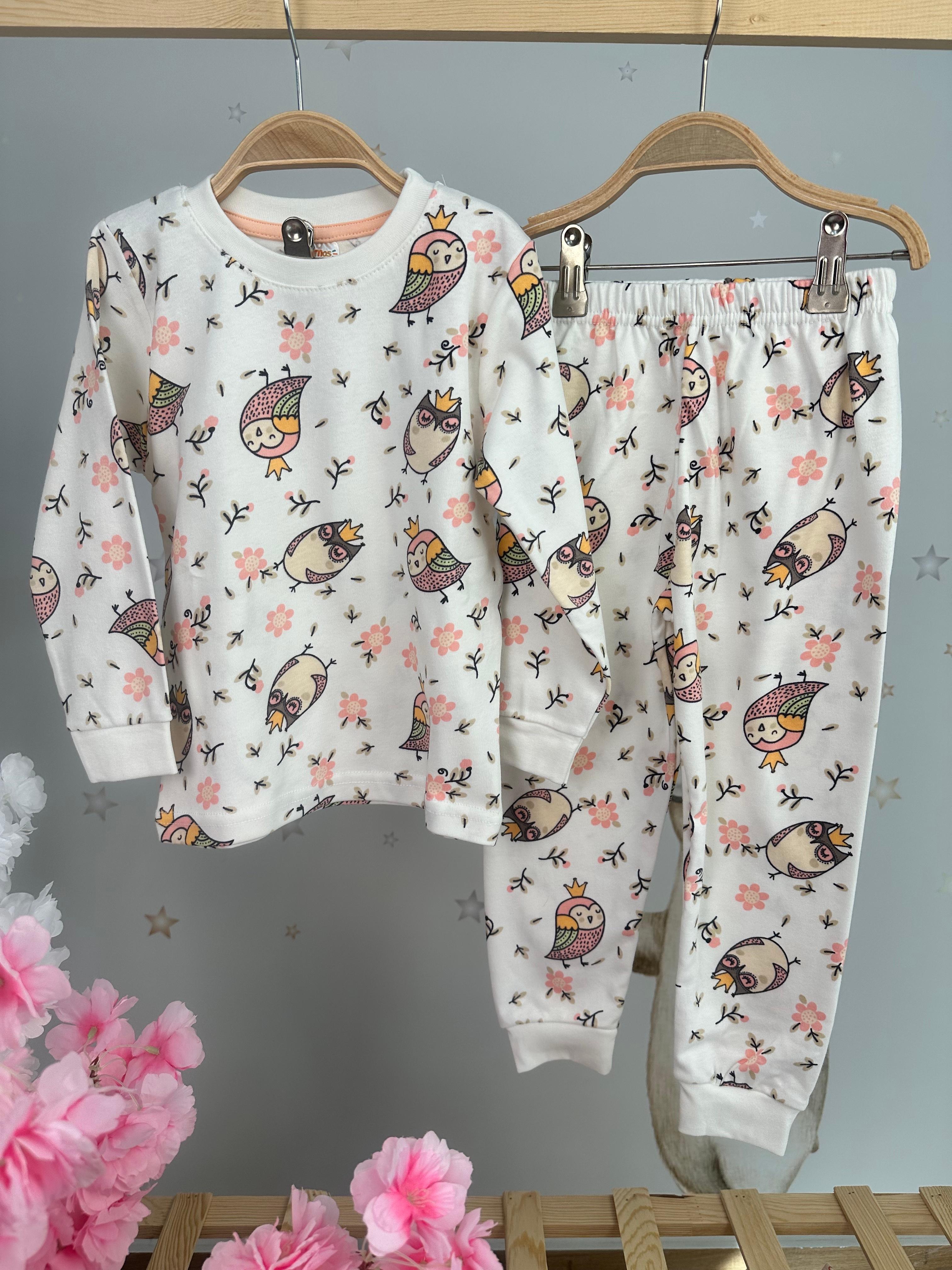 MinyKids Baykuş Desen Beyaz Kız Çocuk Pijama Takım