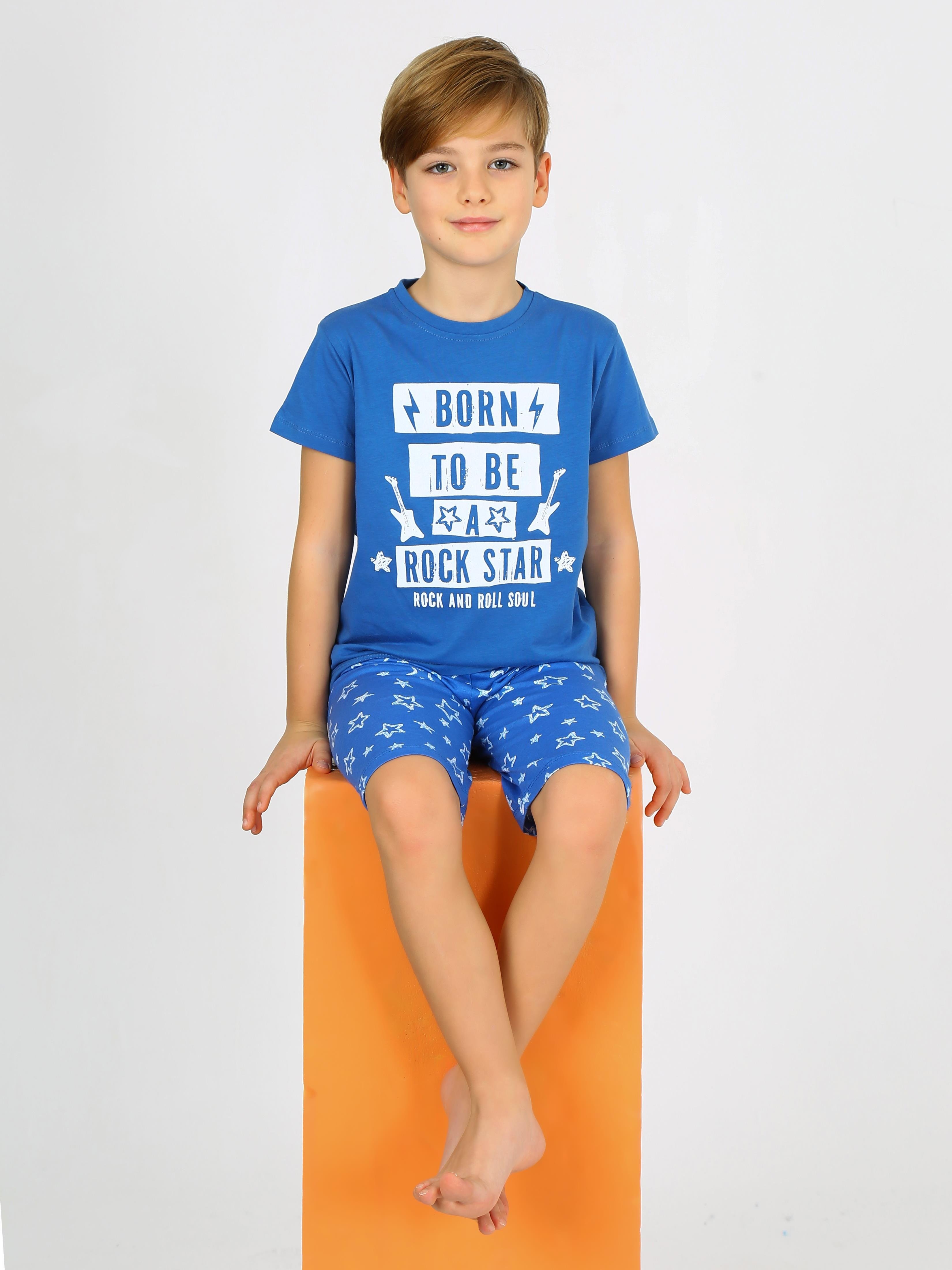 MinyKids Yıldız Desen Mavi Kapri %100 Pamuklu Erkek Çocuk Pijama Takım