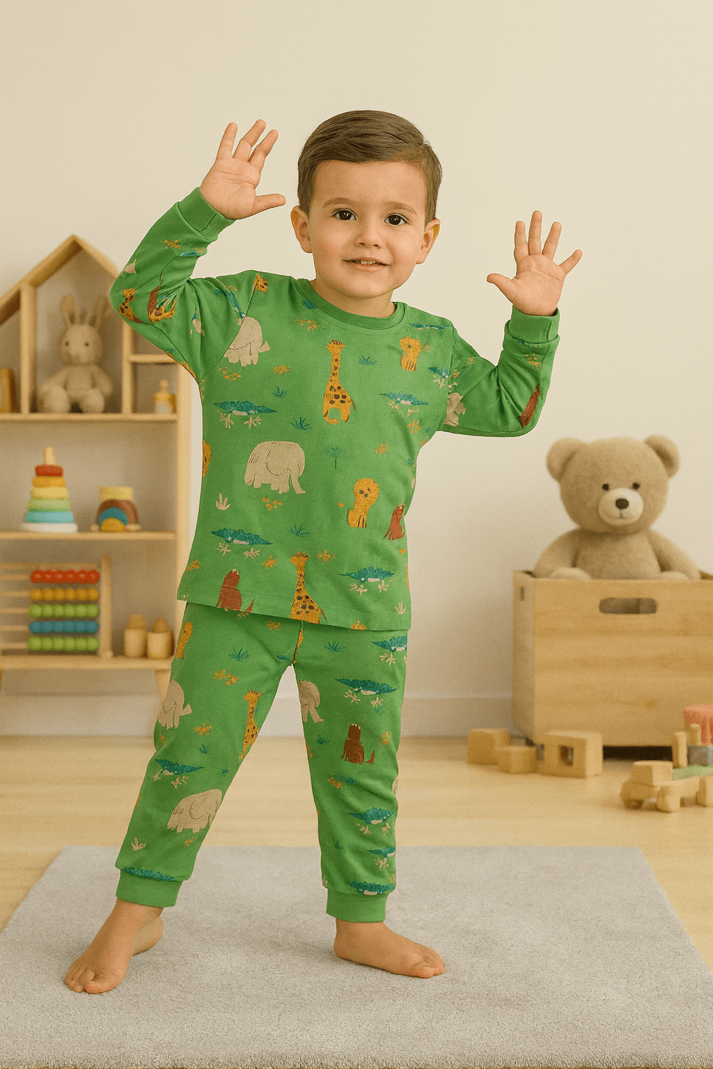 Safari Desen Yeşil Renk %100 Pamuklu Erkek Çocuk Pijama Takım
