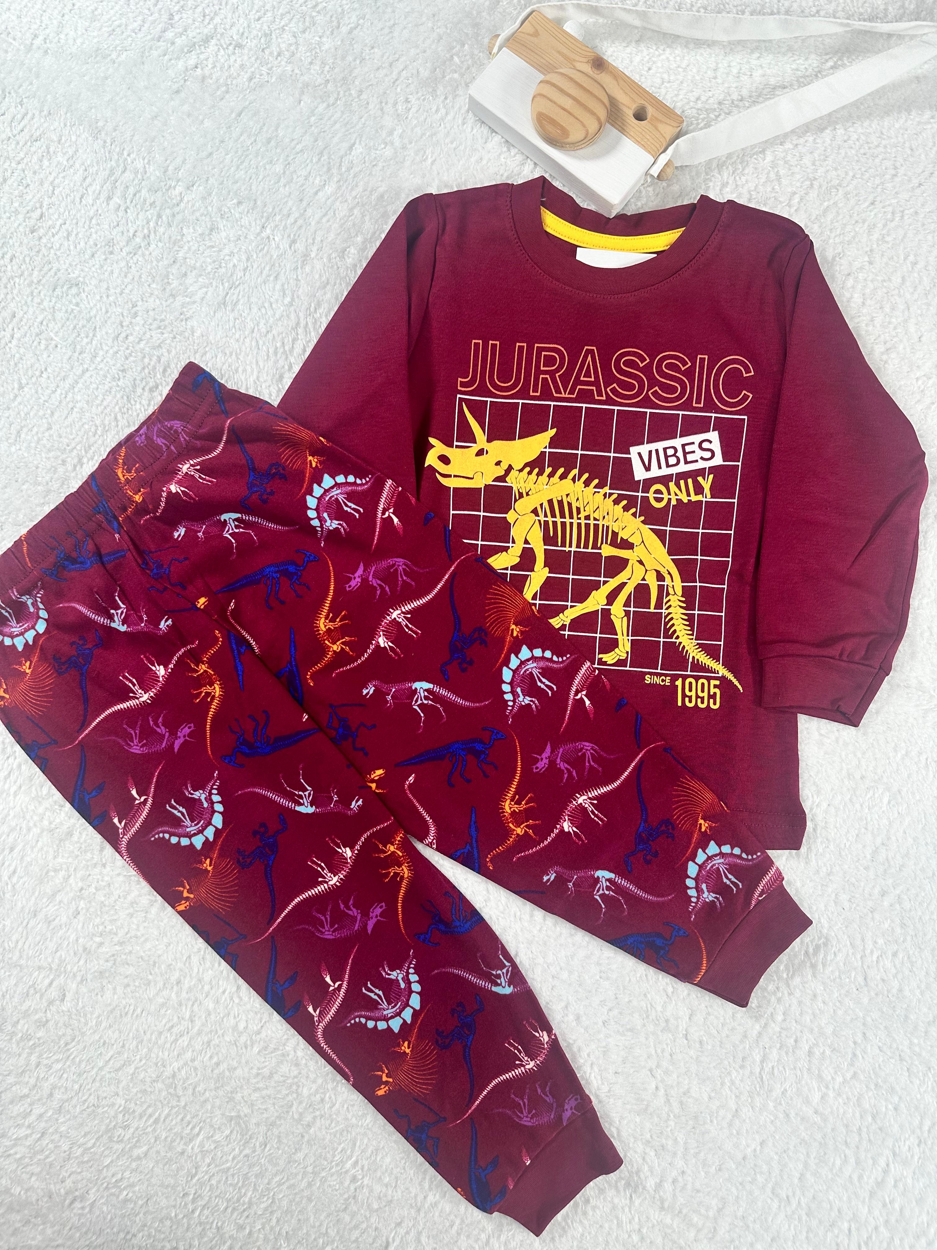 MinyKids Dinozor Desen Bordo Erkek Çocuk Pijama Takım