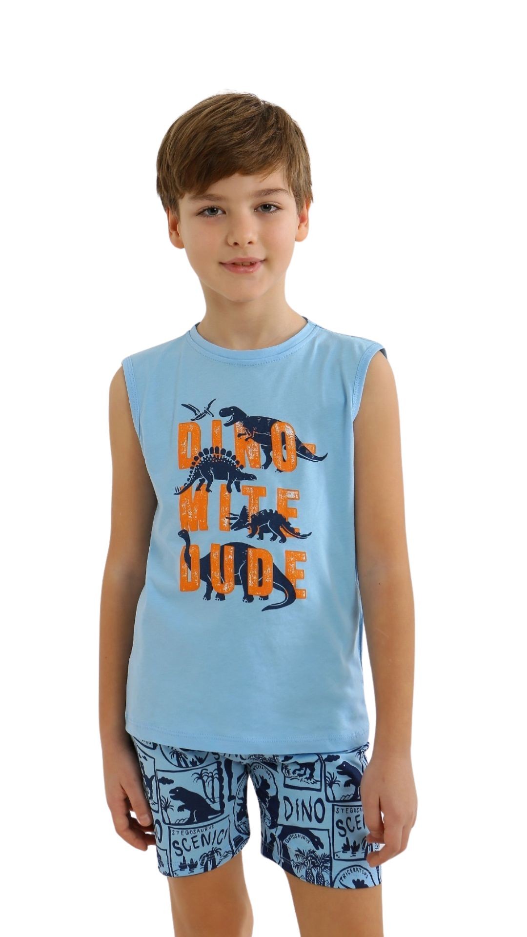 MinyKids Dinozor Desen Mavi Askılı Şortlu %100 Pamuklu Erkek Çocuk Pijama Takım
