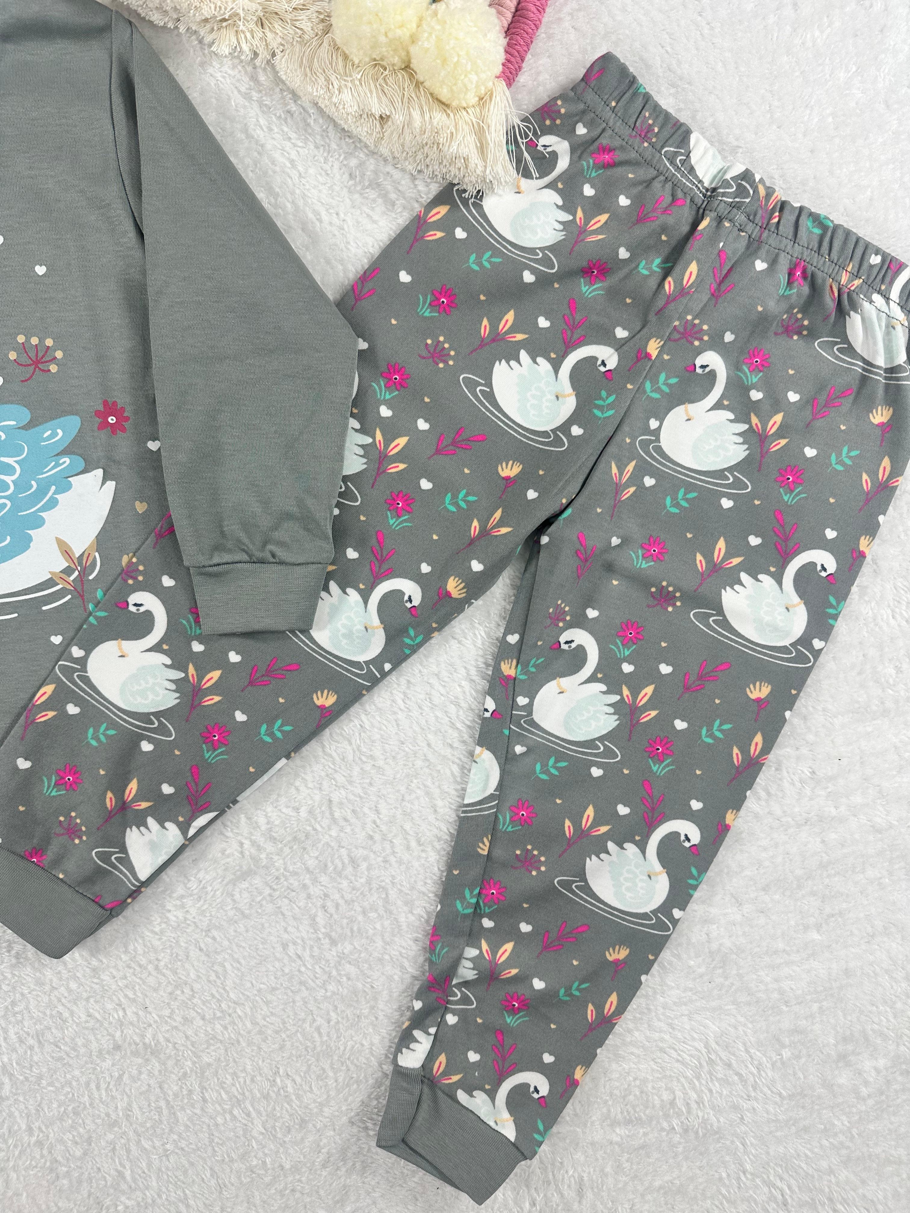 MinyKids Kuğu Desen Gri Kız Çocuk Pijama Takım