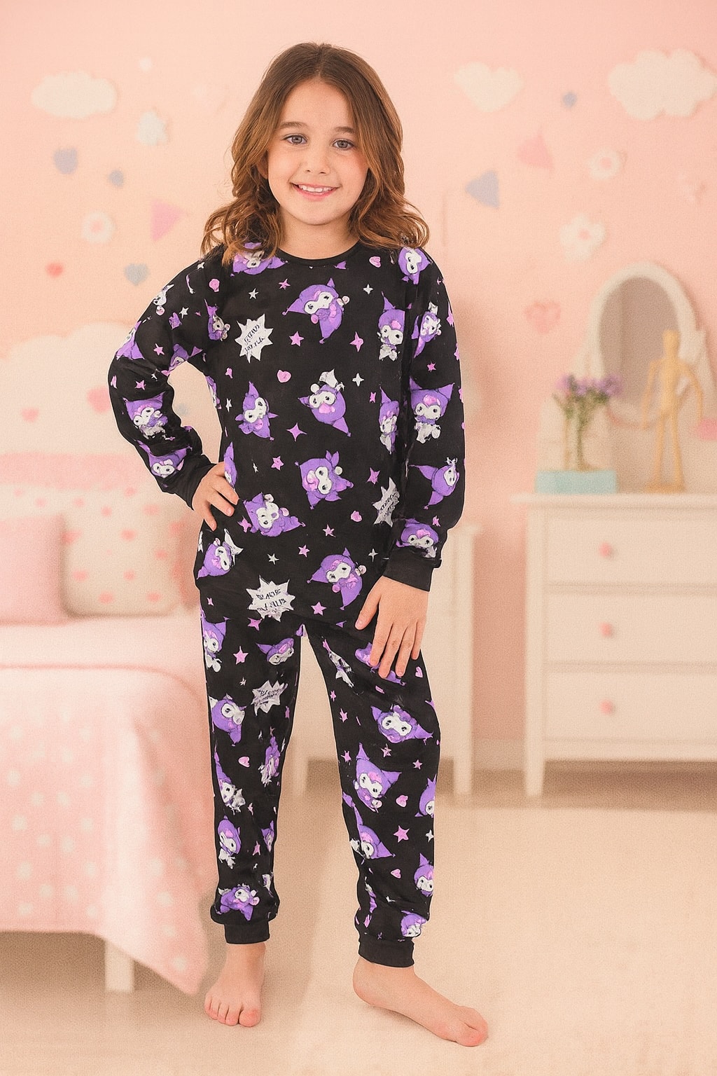 Kuromi Desen %100 Pamuk Siyah Kız Çocuk Pijama Takım