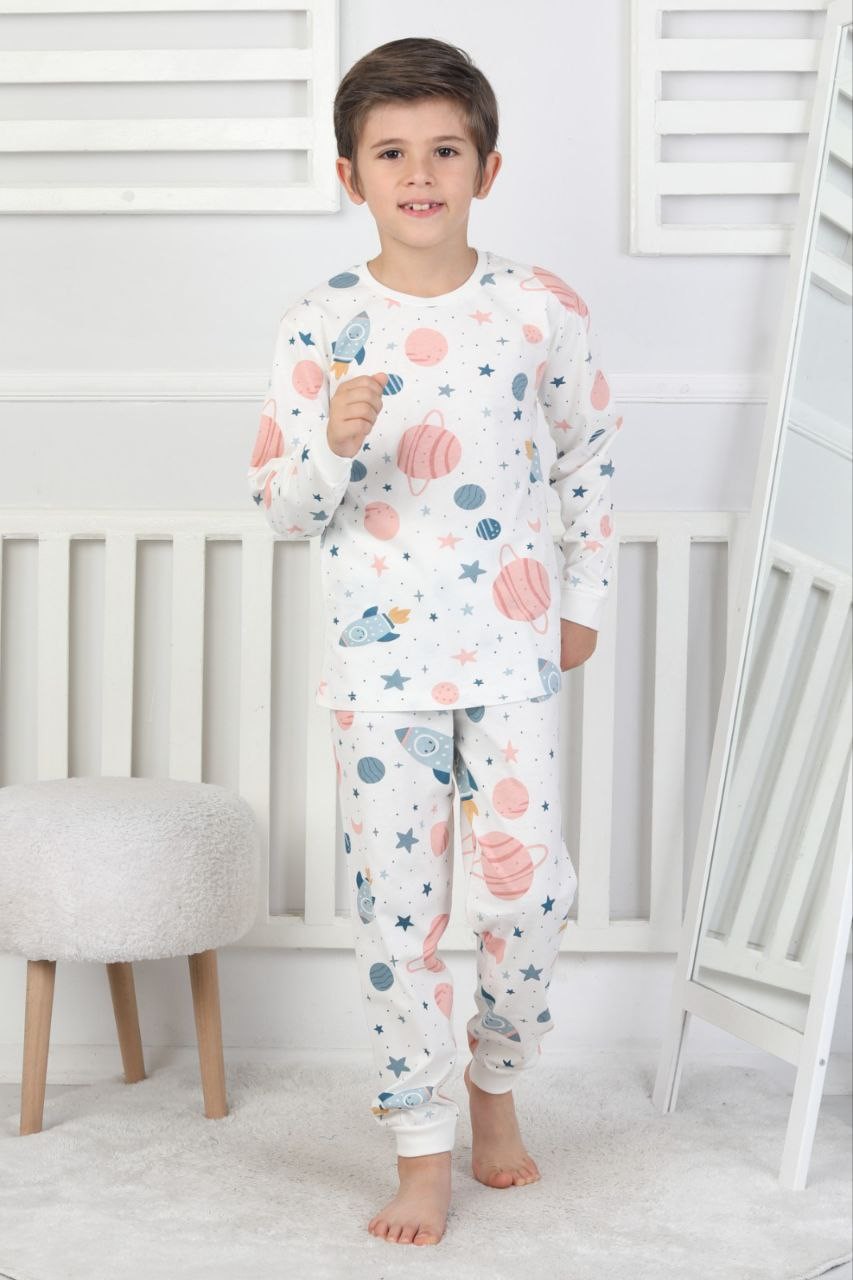 MinyKids Uzay Desen %100 Pamuk Ekru Erkek Çocuk Pijama Takım