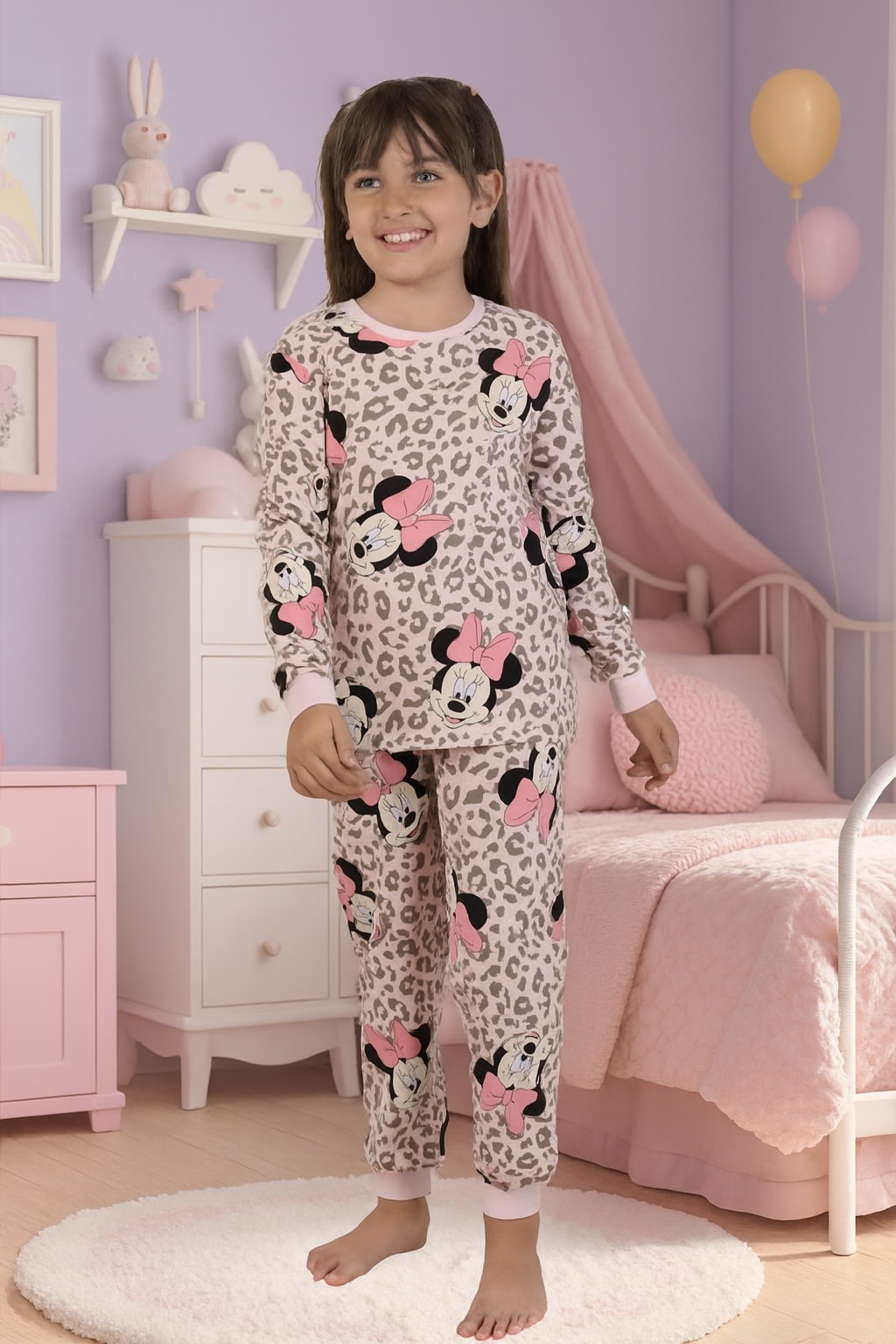 Minnie Mouse Desen %100 Pamuklu Pembe Kız Çocuk Pijama Takım