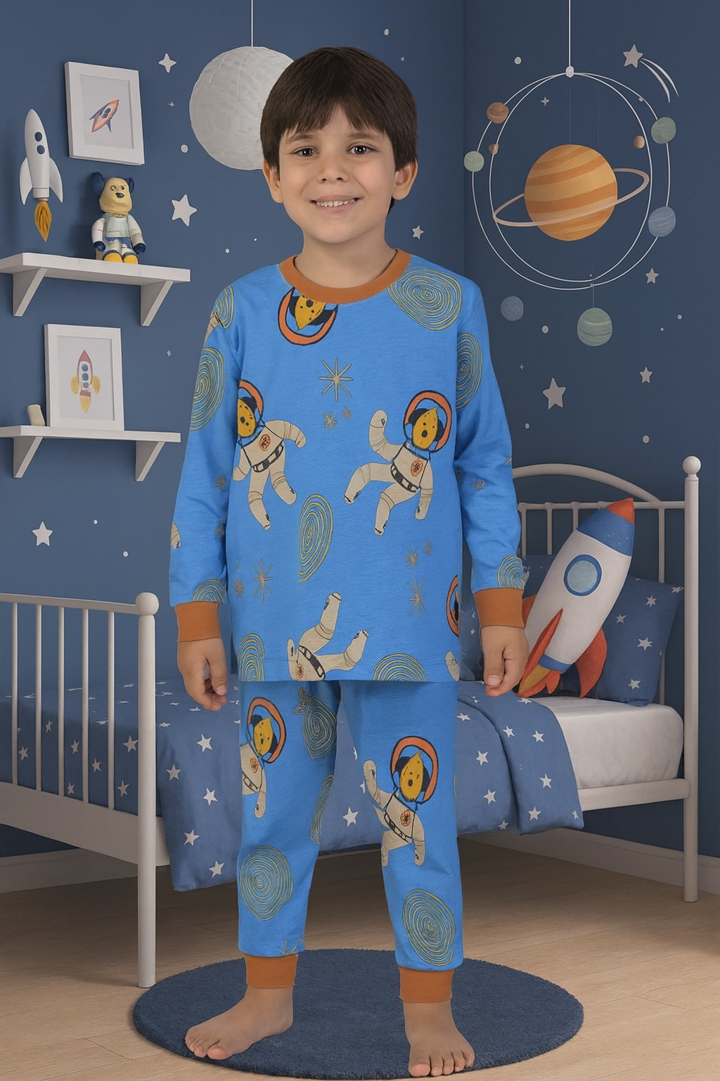 Astronot Desen %100 Pamuk Mavi Erkek Çocuk Pijama Takım