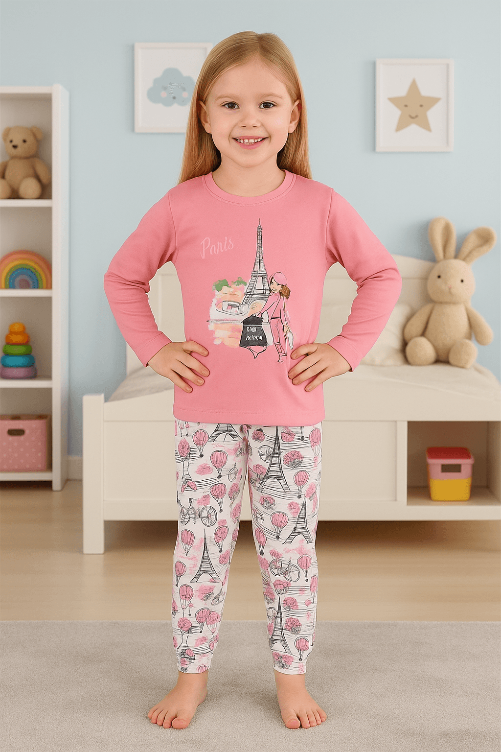 Paris Desen %100 Pamuk Pembe Kız Çocuk Pijama Takım