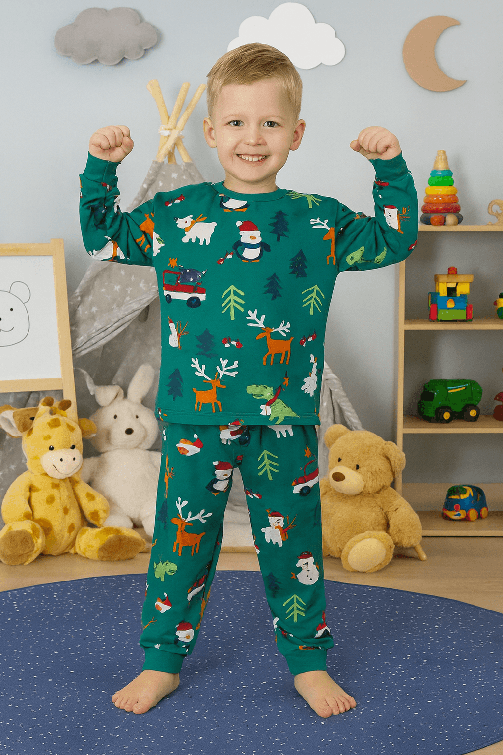 Yılbaşı Desen Yeşil Erkek Çocuk Pijama Takım