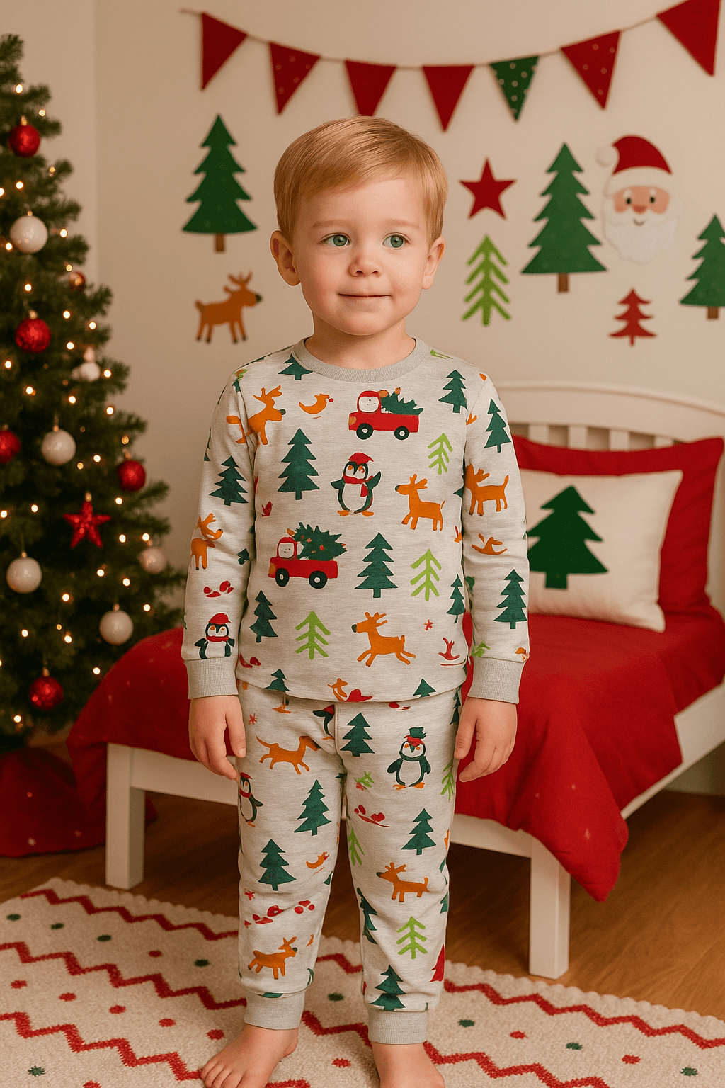 Yılbaşı Desen Gri Erkek Çocuk Pijama Takım