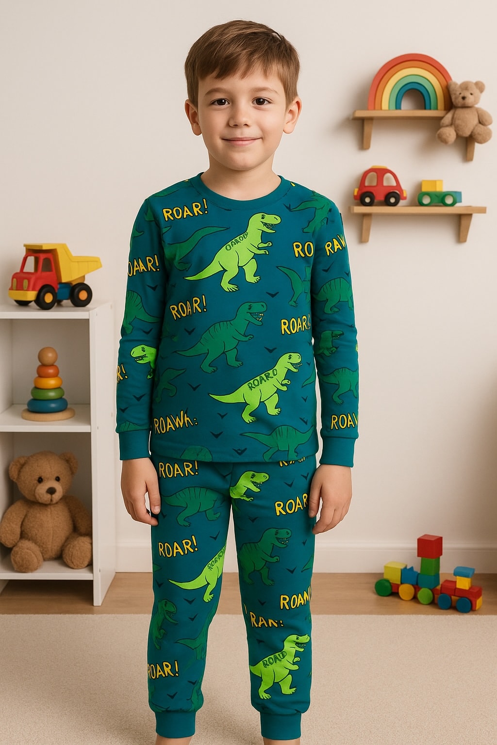 Dinozor Desen Koyu Yeşil %100 Pamuklu Erkek Çocuk Pijama Takım