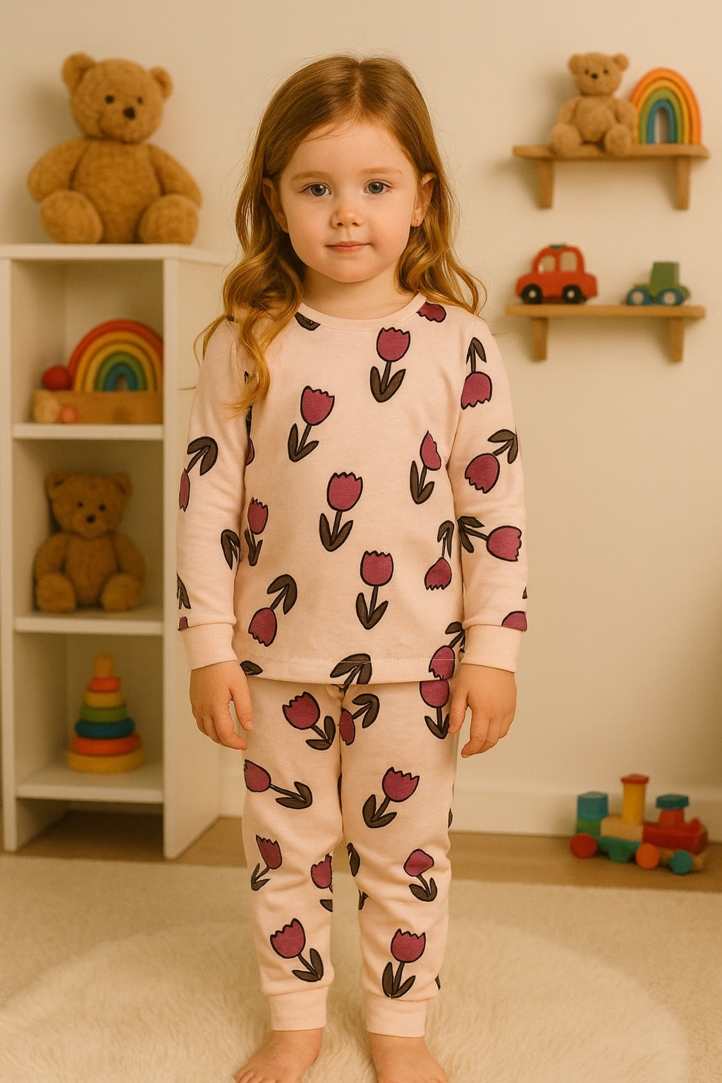 Lale Desen %100 Pamuklu Pudra Pembe Kız Çocuk Pijama Takım
