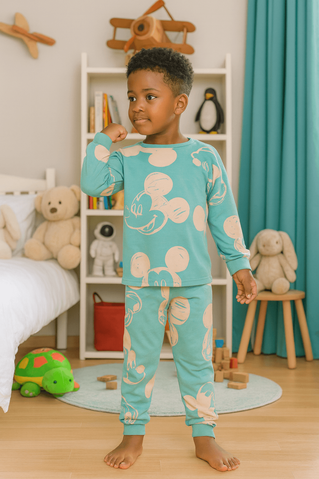 Mickey Mouse Desen Yeşil %100 Pamuklu Erkek Çocuk Pijama Takım