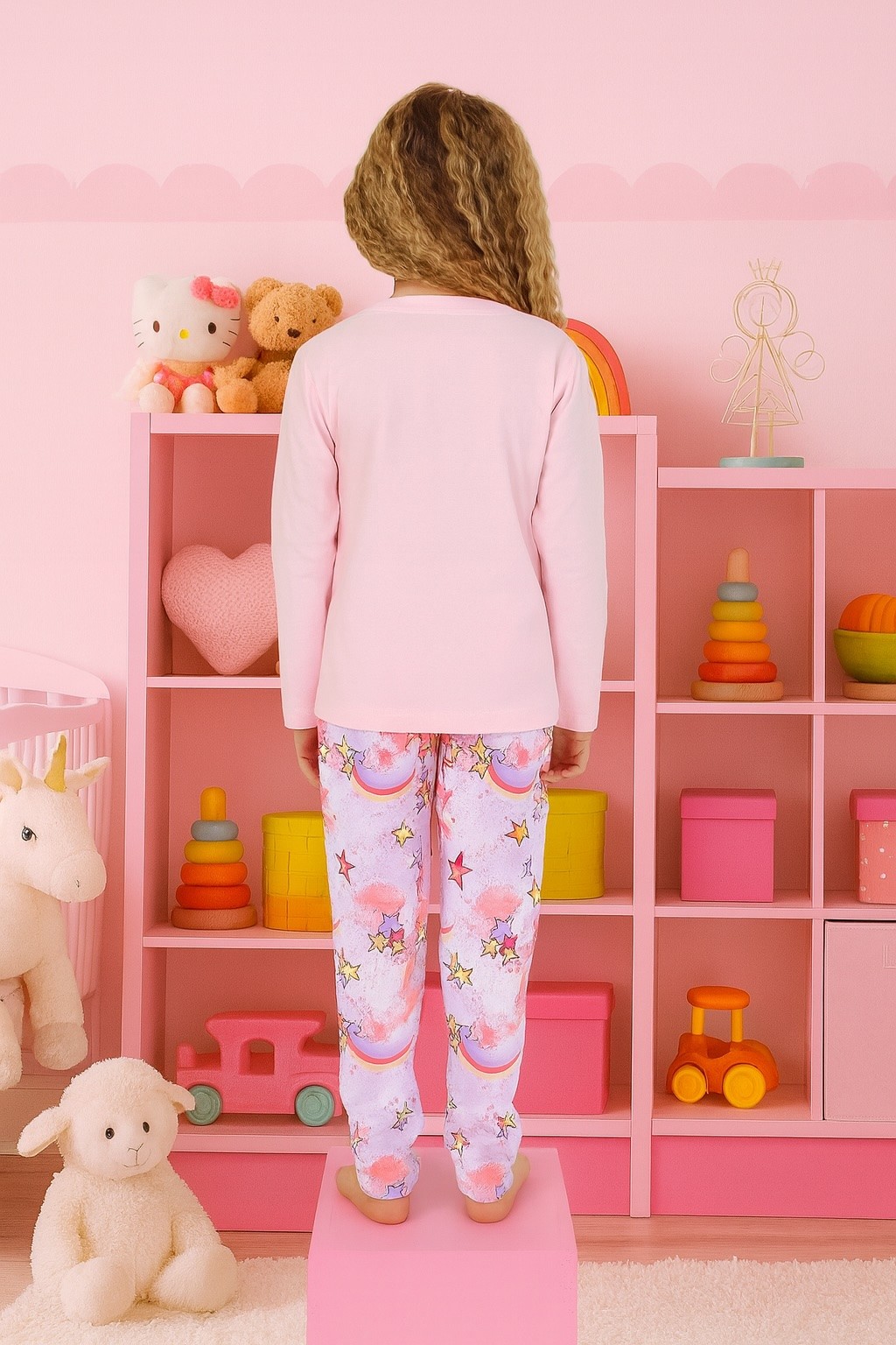 MinyKids Yıldız Desen %100 Pamuk Pembe Kız Çocuk Pijama Takım