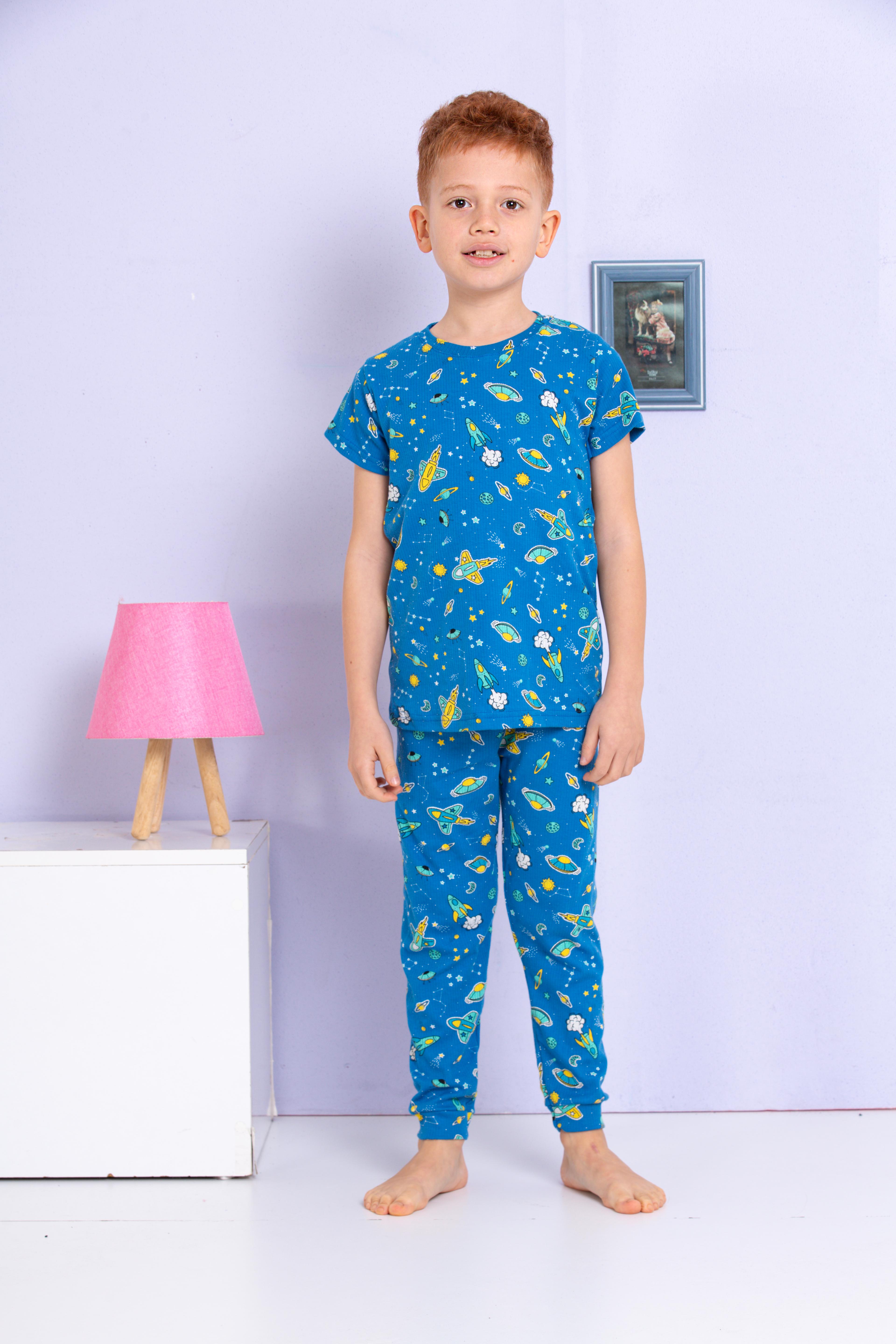 MinyKids Uzay Desenli Fitilli Kumaş Mavi Pijama Takımı