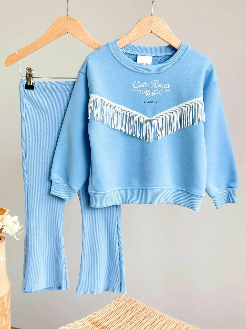 Püsküllü Mavi Renk 3 İplik %100 Pamuk Kız Çocuk Alt Üst Takım
