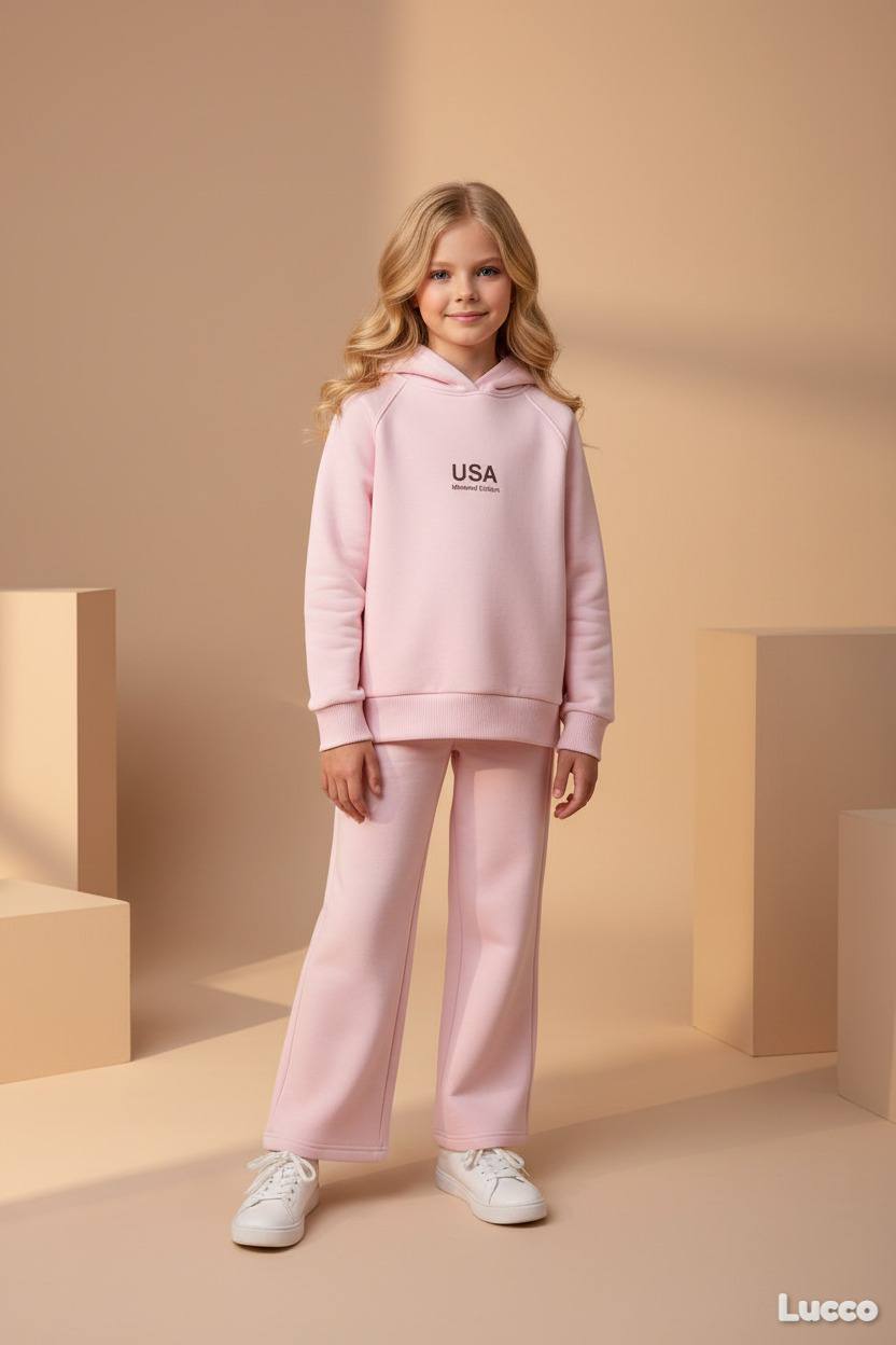 Kapüşonlu Pembe Sweatshirt ve Geniş Paça Eşofman Takım %100 Pamuk 5-14 Yaş