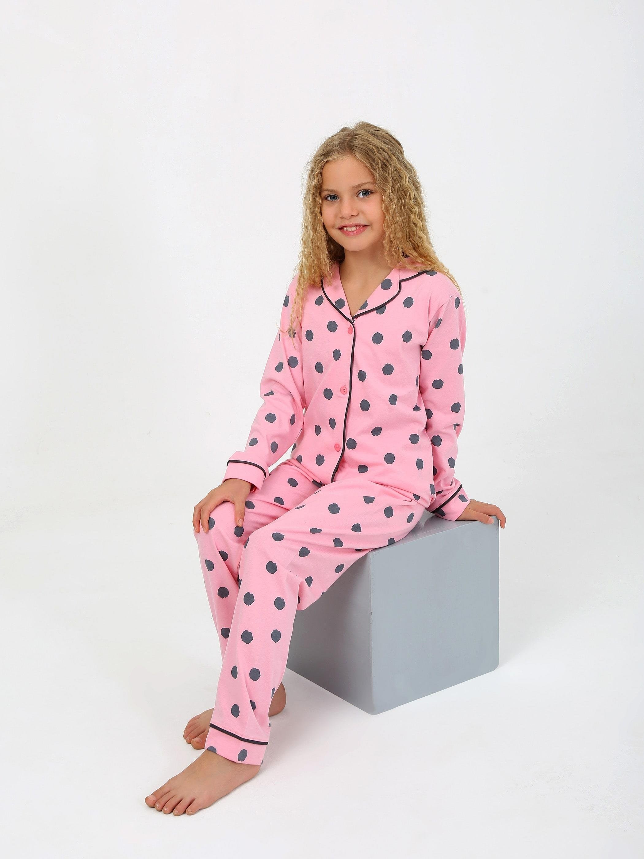 MinyKids Puantiye Desen Pembe Düğmeli Kız Çocuk Pijama Takım