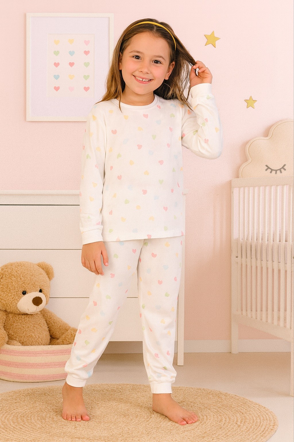 MinyKids Kalp Desen %100 Pamuklu Ekru Pembe Kız Çocuk Pijama Takım
