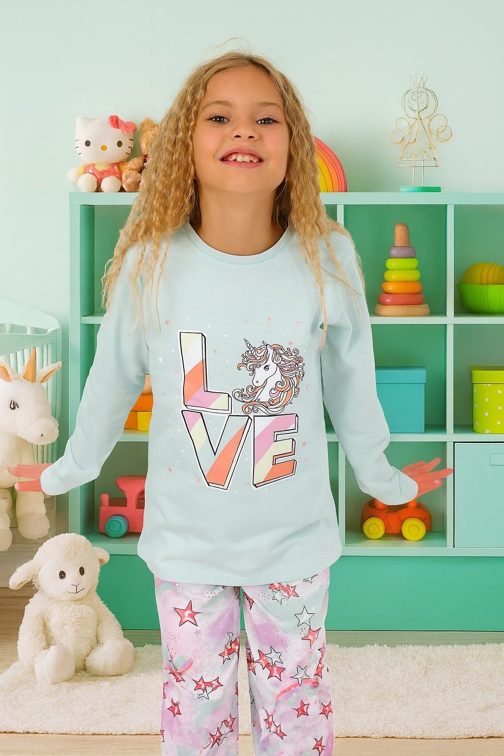 MinyKids Yıldız Desen %100 Pamuk Mint Yeşili Kız Çocuk Pijama Takım