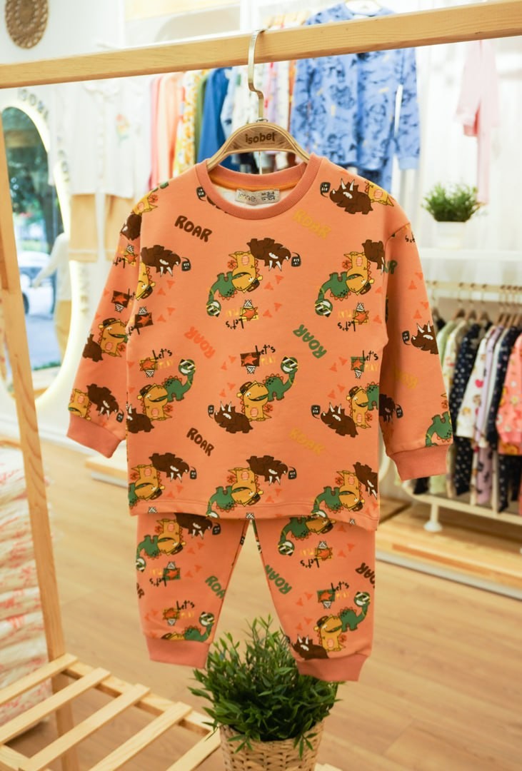 MinyKids Dinozor Desen İki İplik Kiremit Renk Erkek Çocuk Pijama Takım