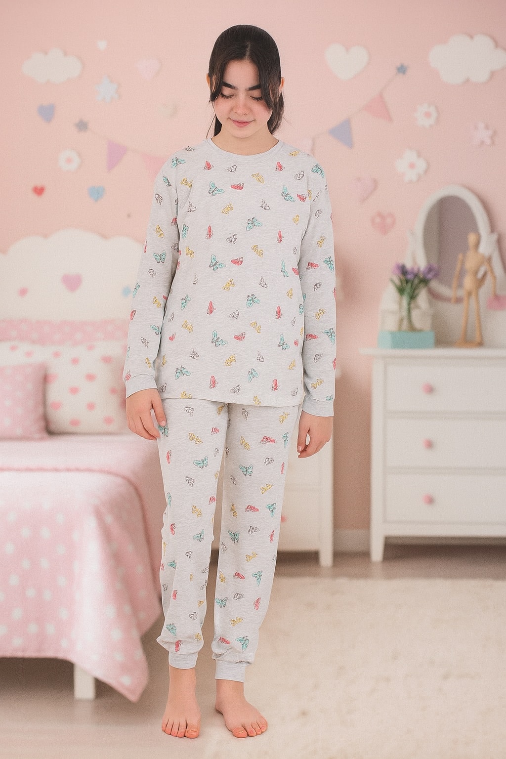 Kelebek Desen %100 Pamuk Gri Kız Çocuk Pijama Takım