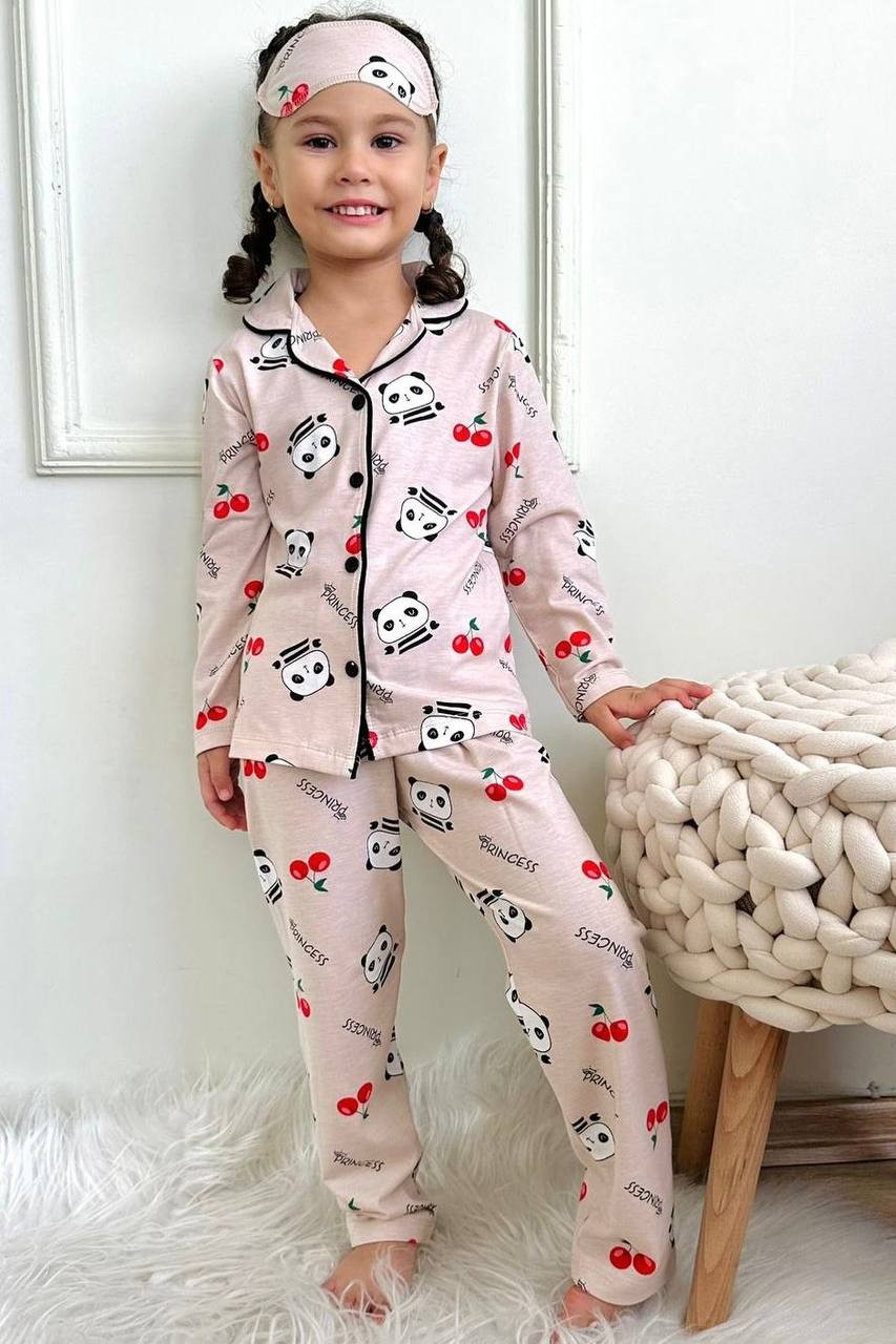 MinyKids Panda Desen Krem Renk Kız Çocuk Pijama Takım