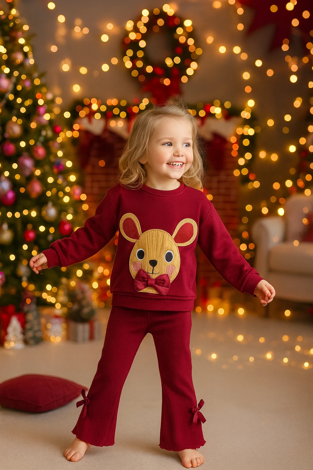 Fiyonk Detaylı Bordo 3 İplik %100 Pamuk Kız Çocuk Alt Üst Takım