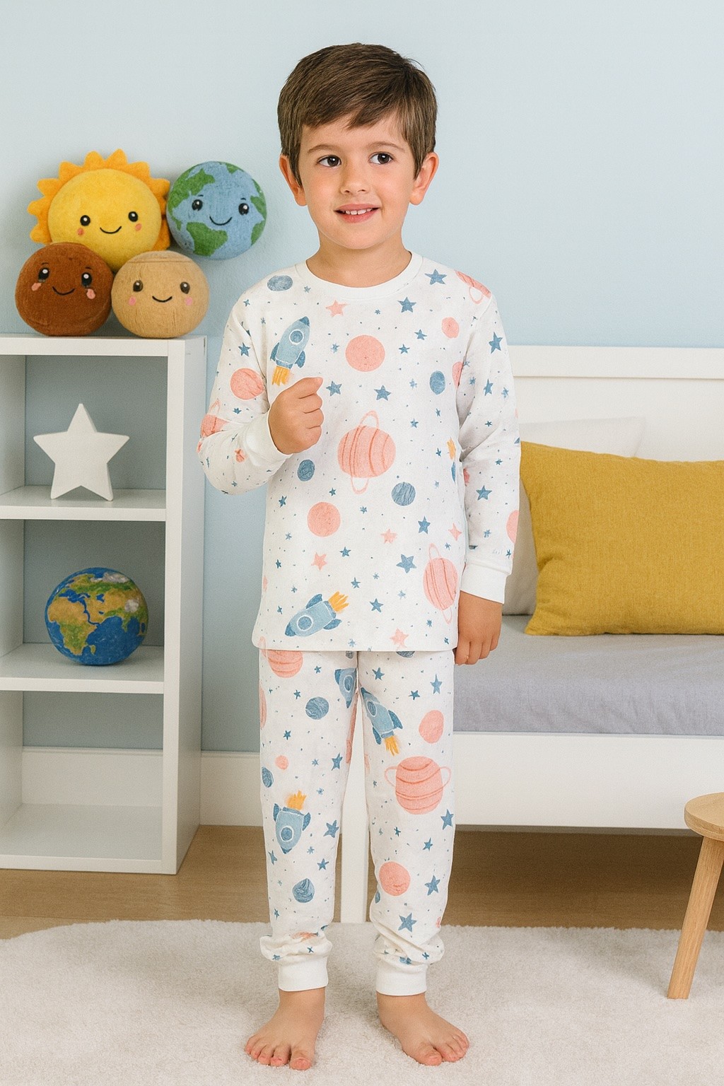 MinyKids Uzay Desen %100 Pamuk Ekru Erkek Çocuk Pijama Takım