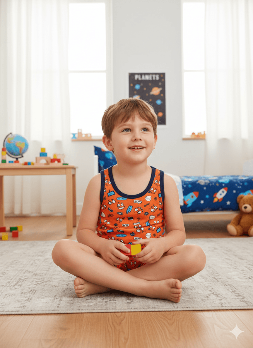 Turuncu Komik Yüz Desen Erkek Çocuk Atlet Boxer Takım