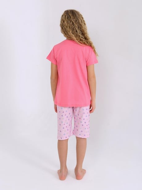 MinyKids Kalp Desen Pembe Kapri %100 Pamuklu Kız Çocuk Pijama Takım
