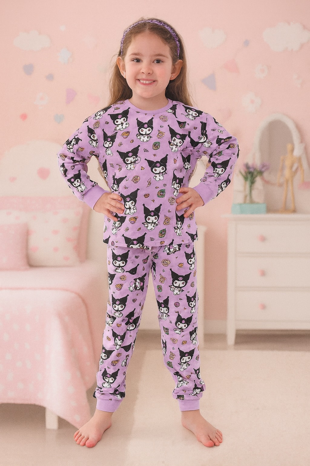 Kuromi Desen %100 Pamuk Lila Kız Çocuk Pijama Takım