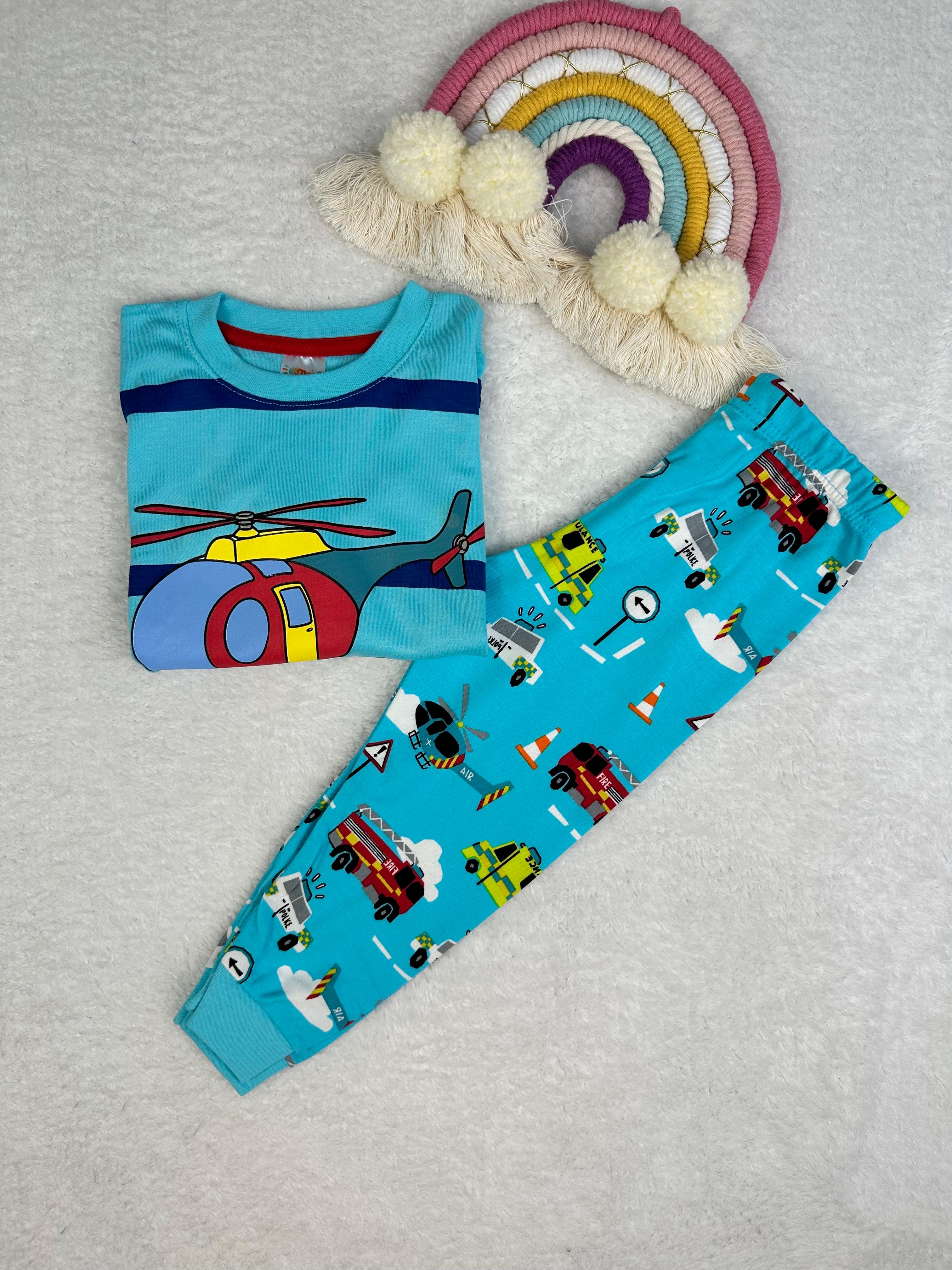 MinyKids Helikopter Desen Turkuaz Erkek Çocuk Pijama Takımı