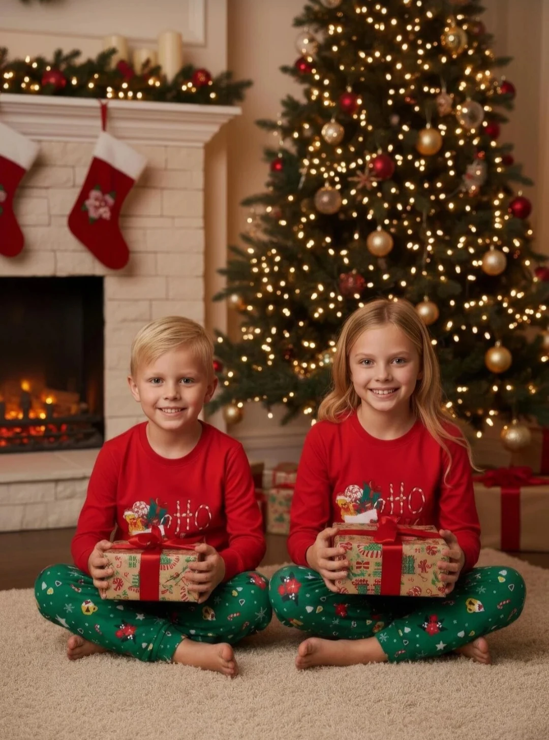 Yılbaşı Desen Kırmızı-Yeşil Unisex Çocuk Pijama Takım
