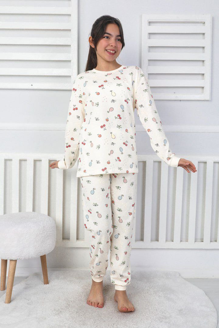 MinyKids Meyve Desen %100 Pamuklu Ekru Kız Çocuk Pijama Takım