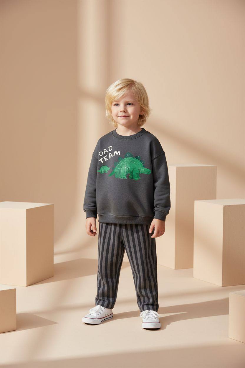 Dinozor Desen Gri %100 Pamuk 3 İplik Erkek Çocuk Alt Üst Takım