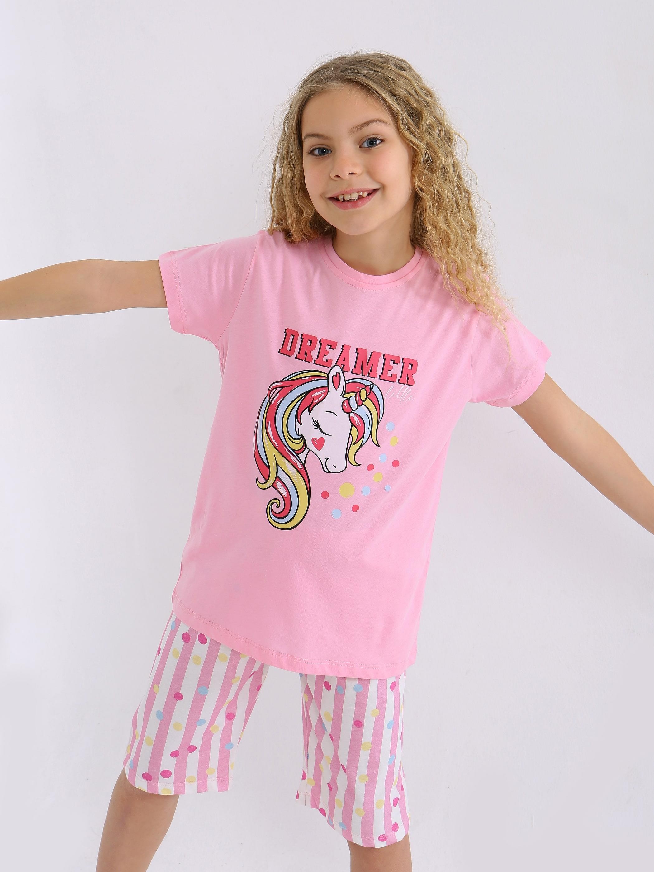 MinyKids Unicorn Desen Pembe Kapri %100 Pamuklu Kız Çocuk Pijama Takım