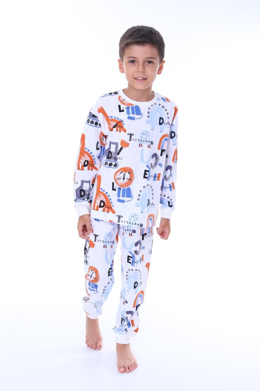 MinyKids Dinozor Desen Beyaz Erkek Çocuk Pijama Takım