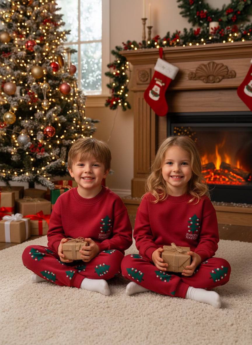 Yılbaşı Desen 2-7 Yaş Unisex Kırmızı 3 İplik Şardonlu %100 Pamuk Altüst Takım