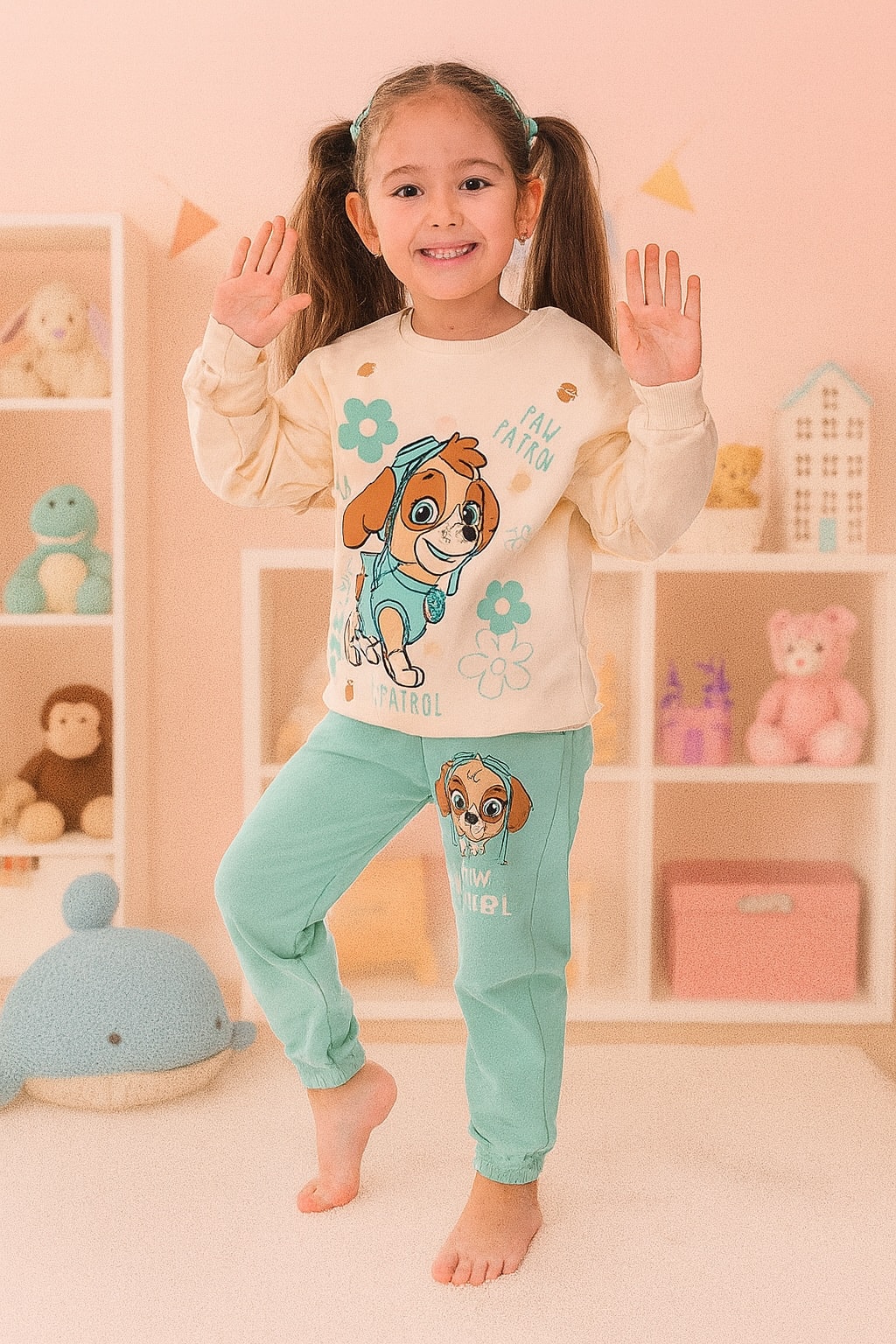Paw Patrol Desen Yeşil 2İplik Şardonlu Kız Çocuk Alt Üst Takım