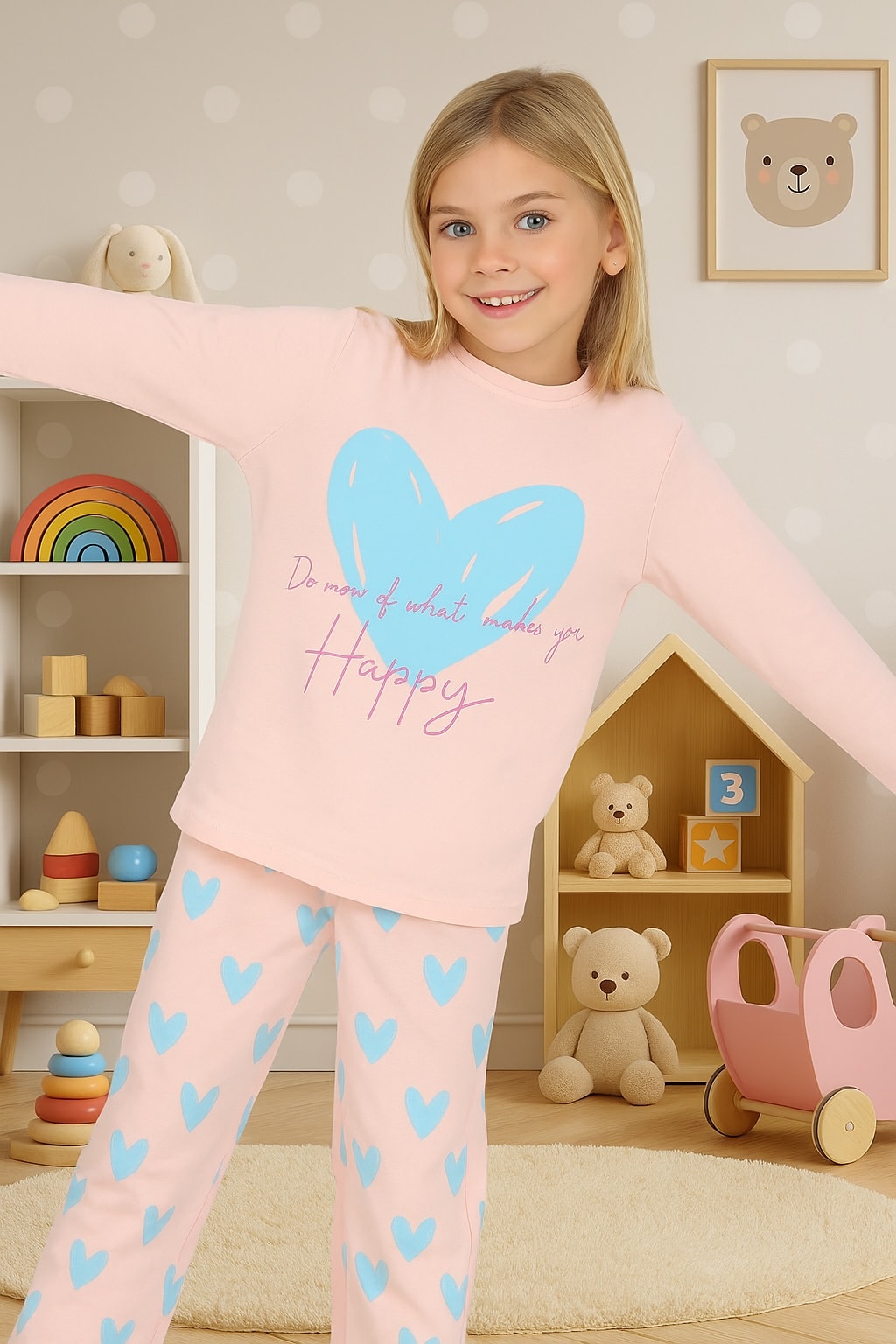 Kalp Desen %100 Pamuk Pudra Pembe Kız Çocuk Pijama Takım