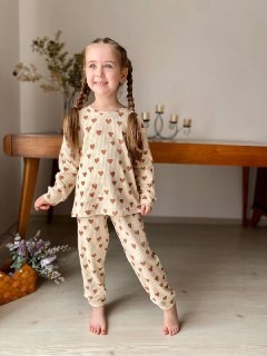 MinyKids Bej Kalp Desen Fitilli Kız Çocuk Pijama Takım