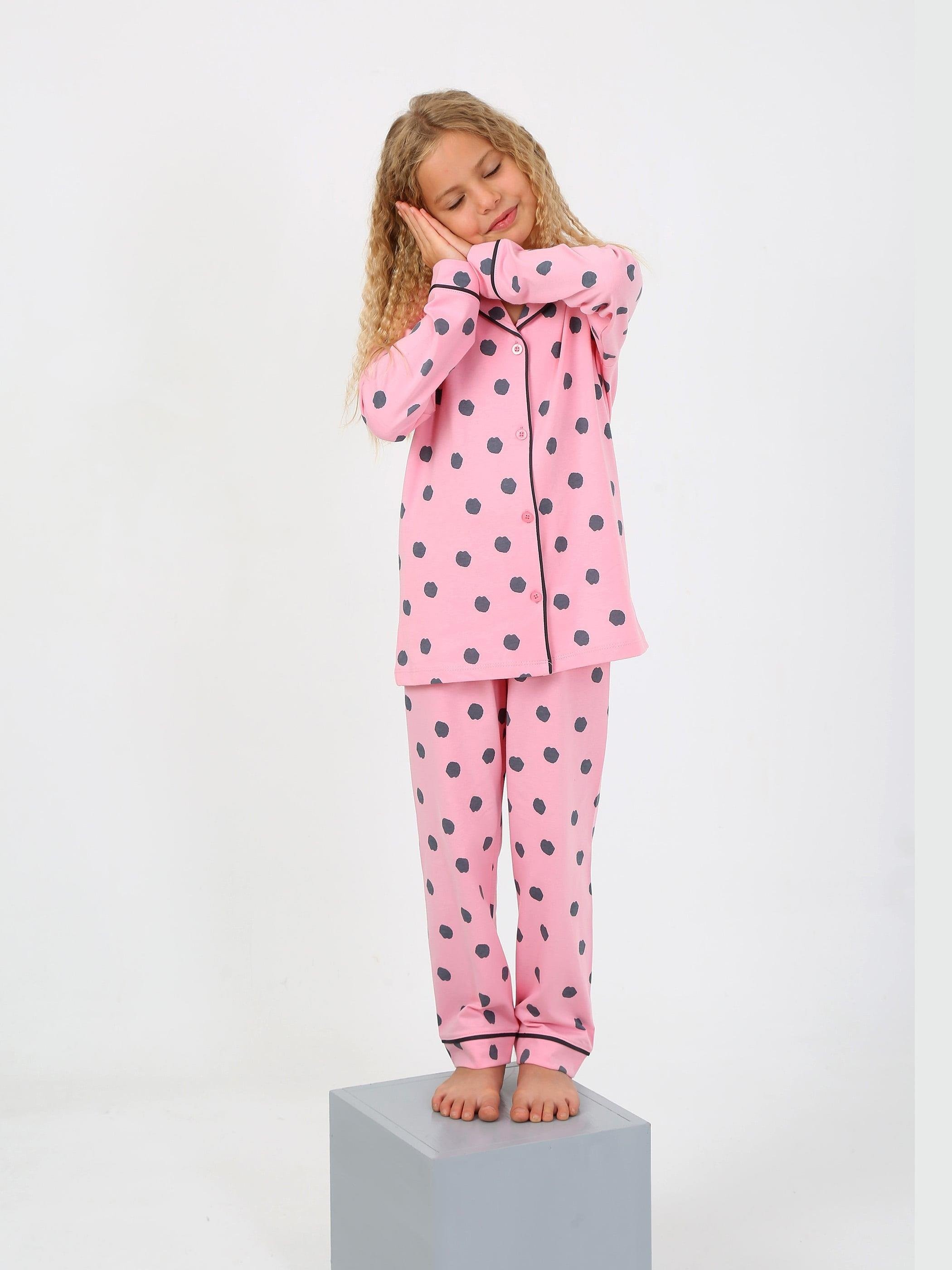 MinyKids Puantiye Desen Pembe Düğmeli Kız Çocuk Pijama Takım